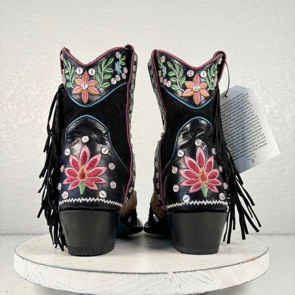 NEW Lane Cactus Button Black Cowboy Bootie 6 Fringe Suede Western Ankle Boots - Picture 3 of 9